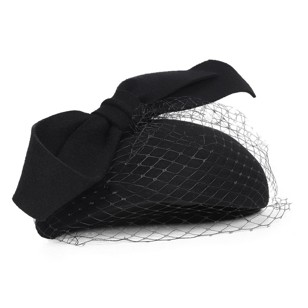Vintage Wool Fascinator Hat with Bow, Black, 20s 50s Cocktail Party Pillbox Hat with Mesh Veil, Wedding Formal Occasion Hair Clip