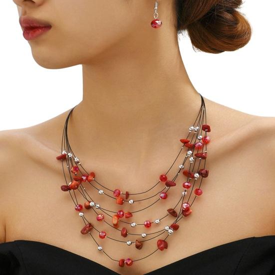 Yousheng 1 Set Women Necklace Earrings Set Multi-layered Necklace Stone Decor Bohemian Style Neck Ear Jewelry Hanging Earrings Necklace Set