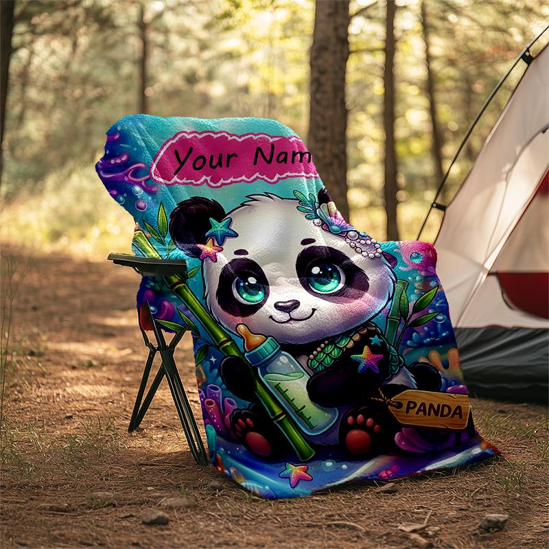 1PC Custom Name Panda Underwater Adventure flannel blanket versatile,all-season throw suitable for the living room,bedroom,camping,travel,and gift