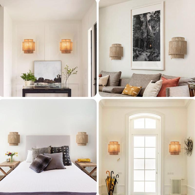 Hemp Rope Rattan Wall Lamp Antique Asia Hotel Indoor Living Room Bedroom and Office Vanity Modern E27 Woven Bedside Wall Light