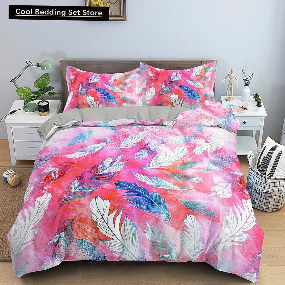 Feathers Duvet Cover Queen/King Size Boho Colorful Bird Feather Bedding Set Tropical Leaves 2/3pcs Polyester Comforter Cover