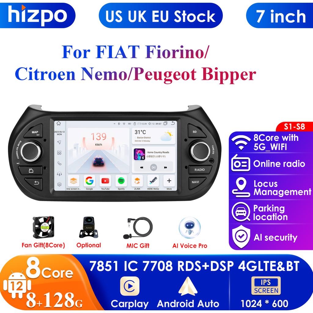 Hizpo 7'' 7862 AI 2din Android 13 Автомагнитола для Fiat Fiorino / Citroen Nemo / Peugeot Bipper GPS Мультимедийный Видеоплеер Интеллектуальный Видеорегистратор Carplay 4G RDS