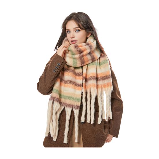 Winter Scarf Cashmere Feel Plush Scarf with Tassel Decoration Thickened Warm Plaid Pattern Winter