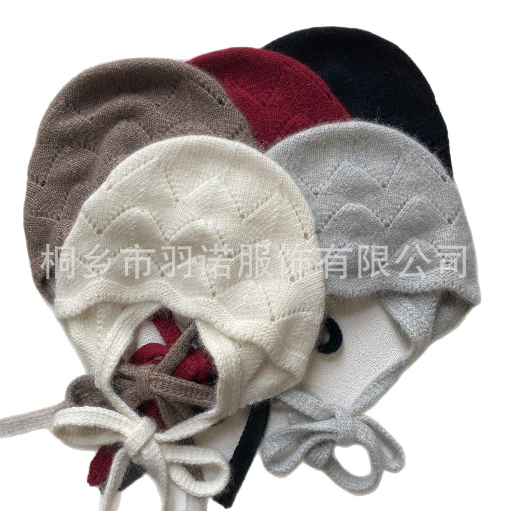 Solid color lace-up knitted hat, photo artifact rabbit down rabbit fur, windproof soft waxy bag head in autumn and winter, showing face and small ear