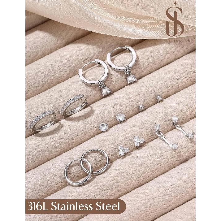 Jstyle Hypoallergenic Earring Stacks for Women Stainless Steel Earrings | 20G Cartilage Earrings for Multiple Piercings, Small Studs Huggie Hoops
