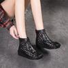 Johnature Genuine Leather Summer Hollow Out Boots Retro Handmade Round Toe Breathable Wedge Sandals Women's Shoes