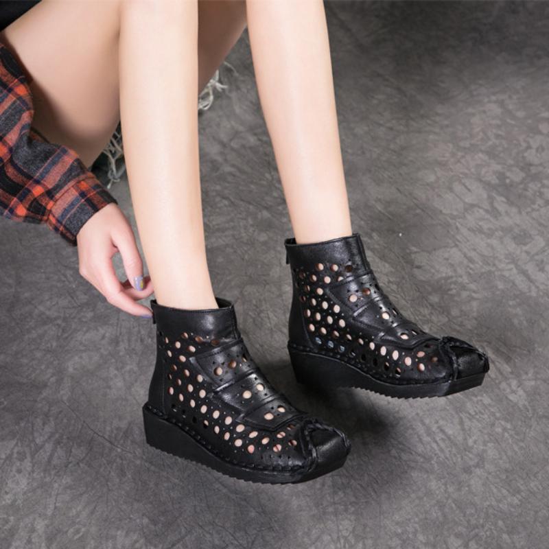 Johnature Genuine Leather Summer Hollow Out Boots Retro Handmade Round Toe Breathable Wedge Sandals Women's Shoes