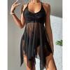Women's Fashion Two Pieces Sexy Mesh Swimsuit Padded Front Cross Backless Swimdress Solid Briefs Swimwear Set Large SizeTankini Bathing Suit