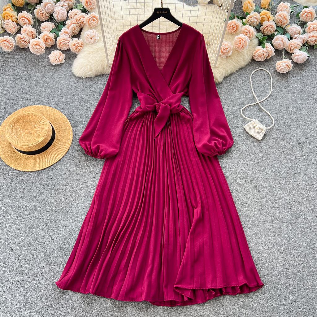 Autumn Women Vintage Pleated Midi Dress Elegant V-Neck Puff Long Sleeve High Waist A-Line Red Green Dresses