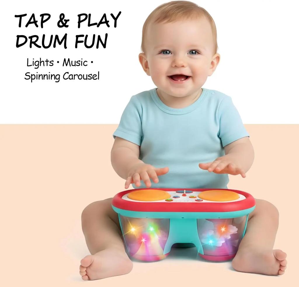 Baby Toys for 6 to 12 Months, Drum Musical Learning Infant Toys Rotating Light Up Toys for 12-18 Months, Tummy Time Toys for Baby