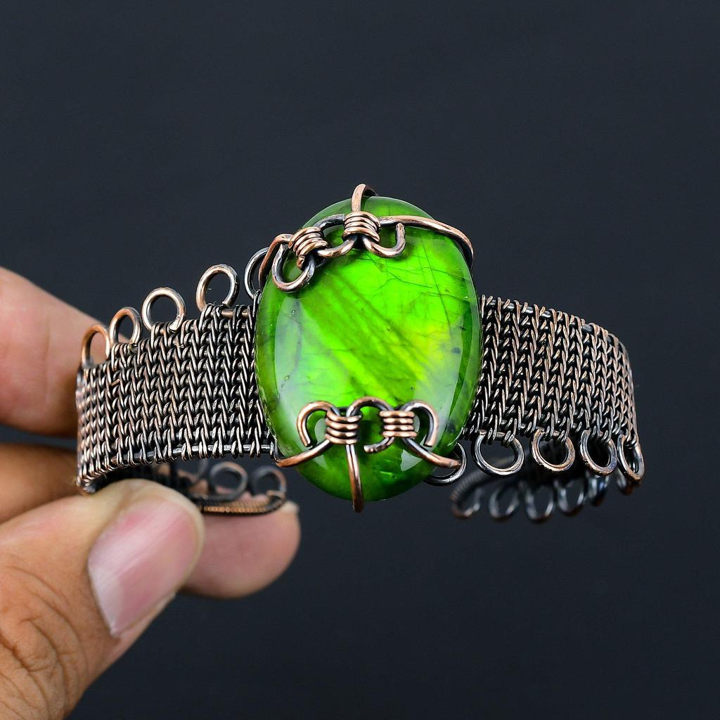 Зеленый флэш-лабрадорит, драгоценный камень, чистая медная проволока, завернутая в манжеты/браслет ручной работы, ювелирные изделия