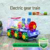 Transparent Musical Rotating Locomotive Toy with Universal Driving and Gear Linkage