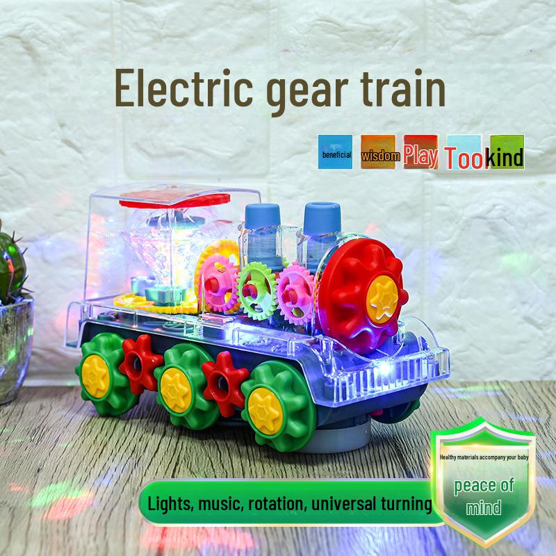 Transparent Musical Rotating Locomotive Toy with Universal Driving and Gear Linkage