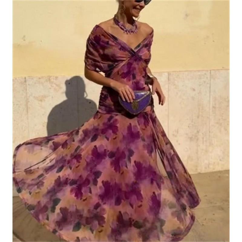Elegant Solid Color Deep V Neck Mesh Dress Women High Waist Maxi