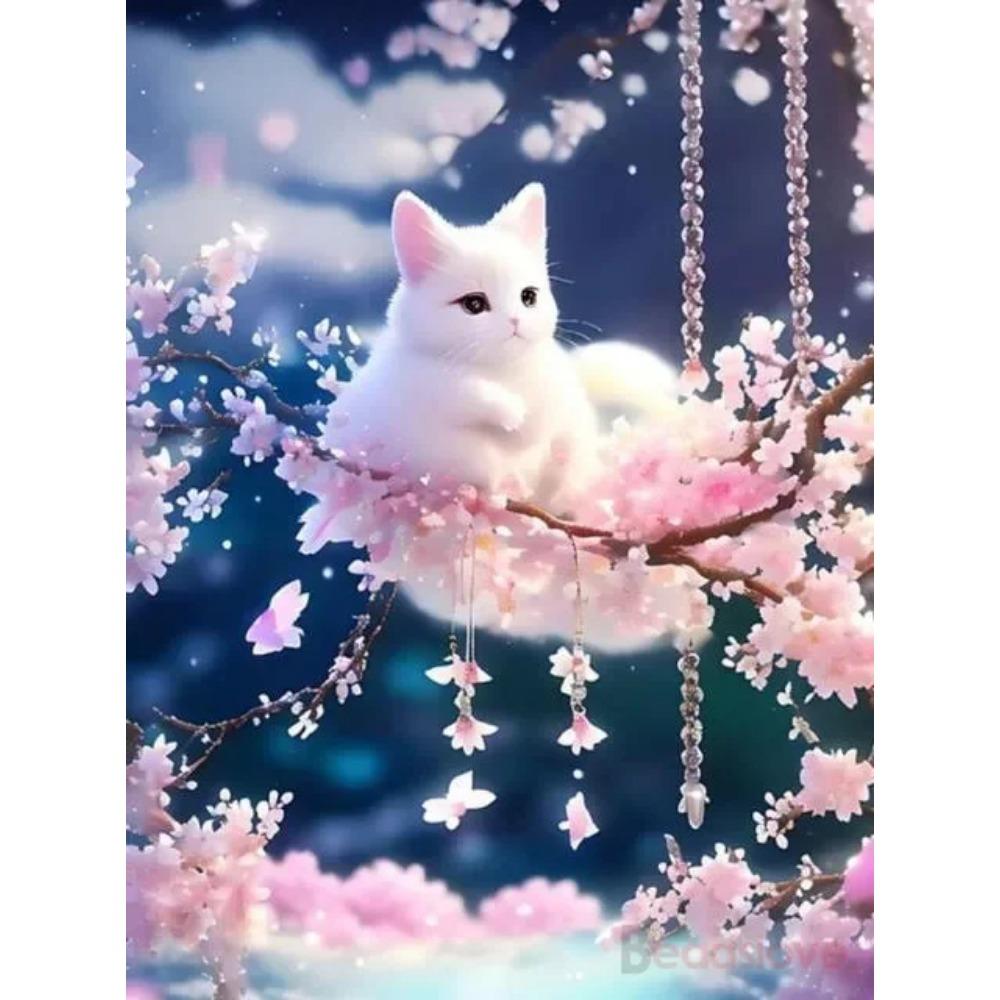 Алмазная картина, полная дрель, милый белый кот, квадратная круглая алмазная живопись, ручная работа, цветочный пейзаж, сделай сам, алмазная мозаика, картина, украшение дома