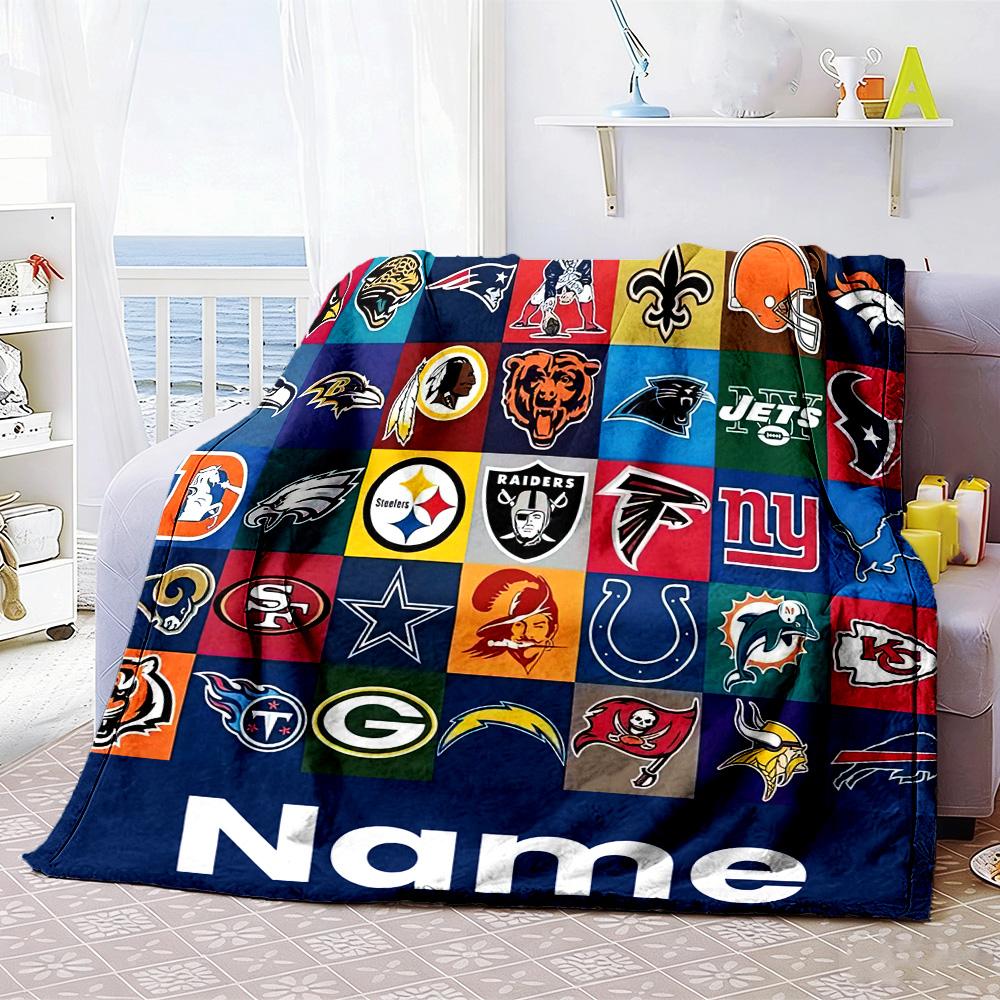 Nfl Team Logos Grid Customize Text Blanket Throw Customizable Blanket Soft & Cozy Suitable for Living Room Office Chair Bedding Bed