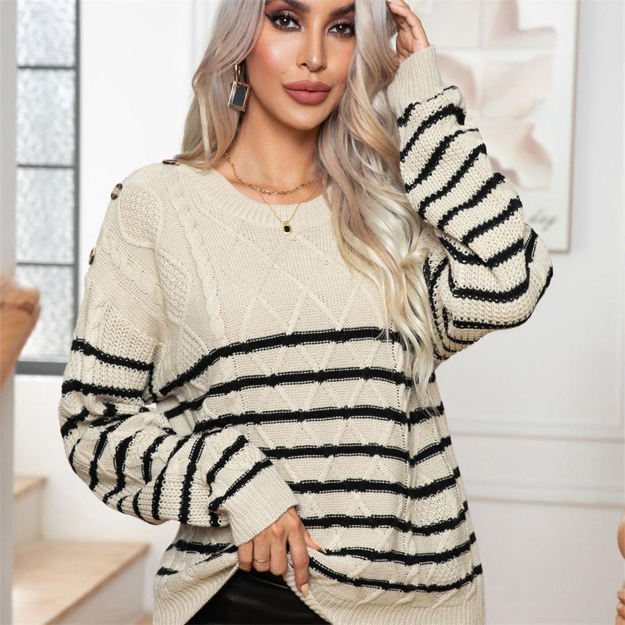 Свитера в полоску на пуговицах, женские винтажные вязаные пуловеры с длинными рукавами, женские пуловеры