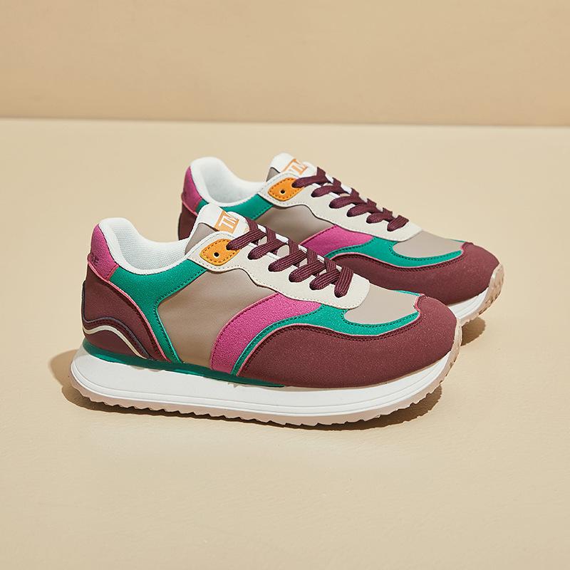 Женские повседневные удобные кроссовки на толстой платформе для ходьбы, нескользящие теннисные туфли на шнуровке, искусственная замша из искусственной замши в стиле пэчворк, рабочие кроссовки для женщин