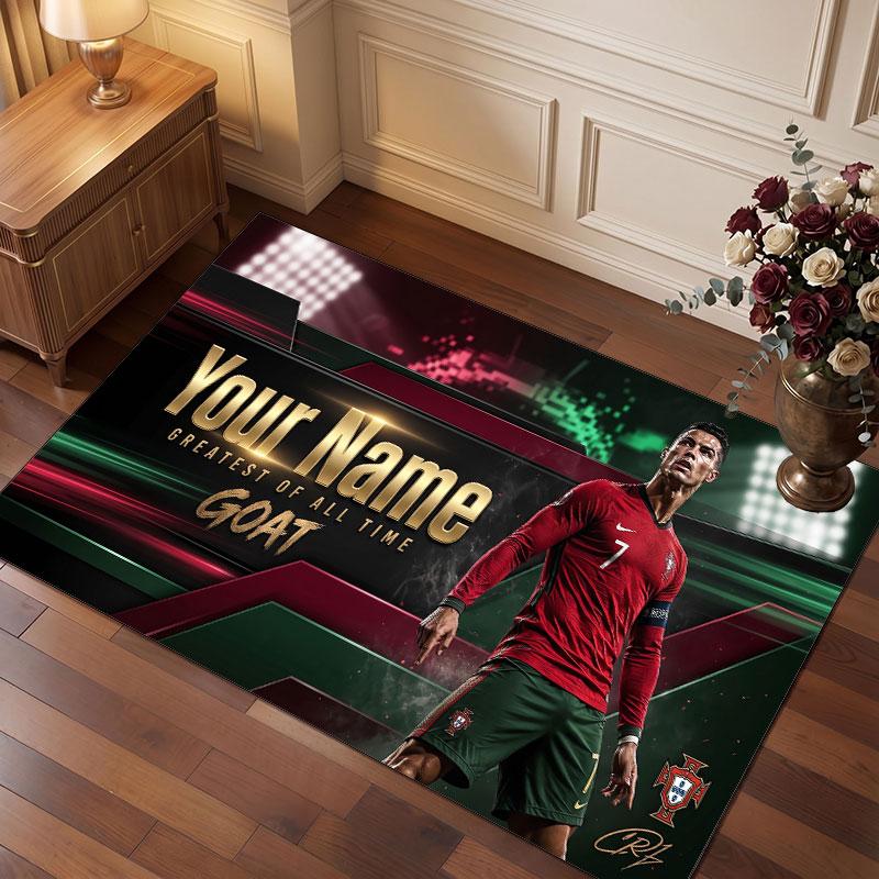 Cristiano Ronaldo Custom Crystal Velvet Rug, Personalized Name Text Print, Football Logo Soft Non‑Slip Floor Mat Home Decor Gift