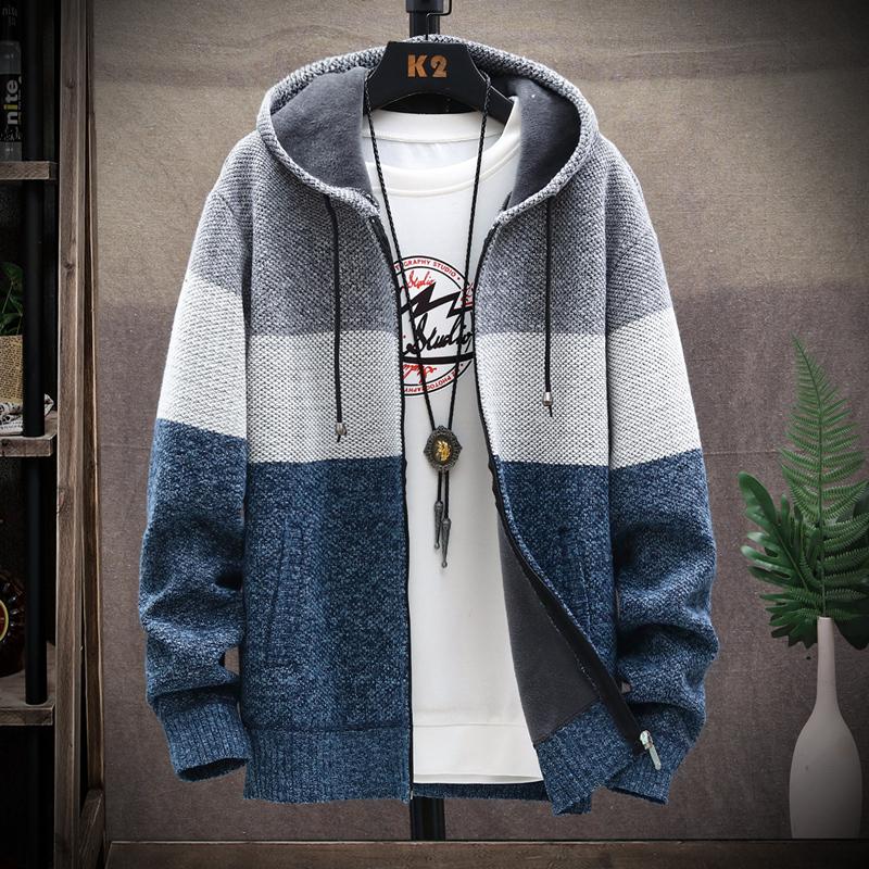2024 Winter Men Sweater Add Velvet Cardigan Patchwork Color Stand Collar Male Casual Zipper Knitted Thick Warm Sweatercoat