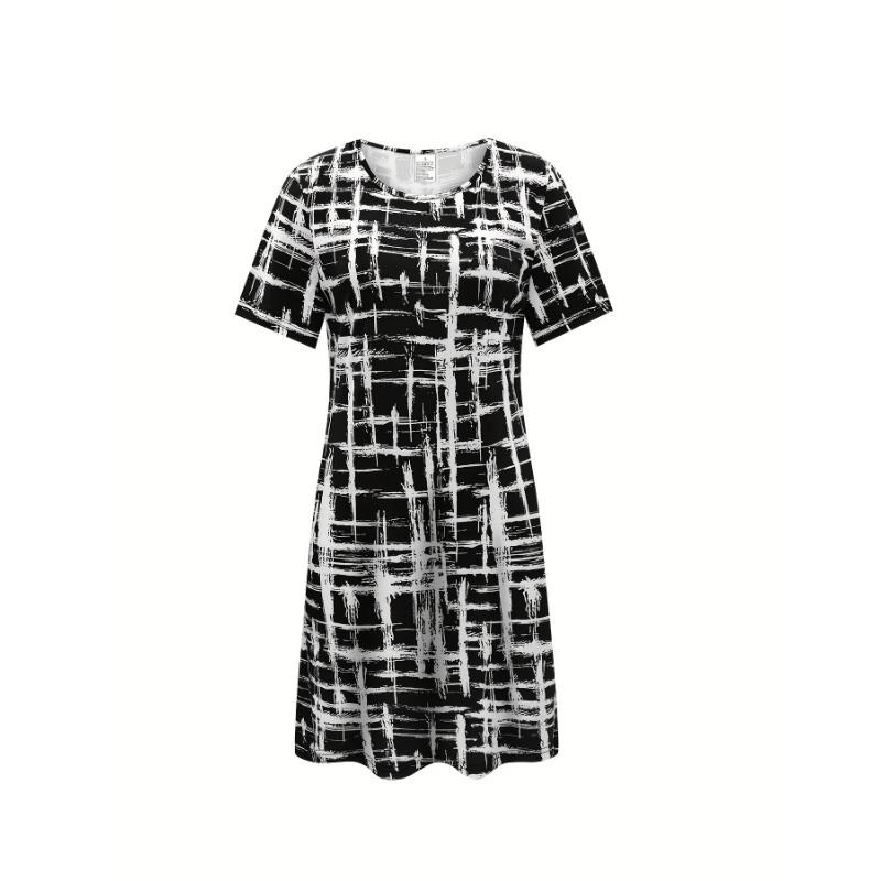 Women'S Abstract Geometric Print Dres Casual Vacation Style Breathable Polyester and Spandex Dress with Color Block Detail