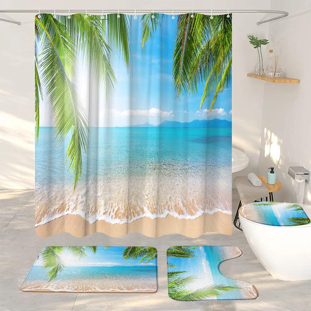 Шторки для душа и коврики с изображением пляжа и океана для прибрежных тропических пейзажей, пальм, автомобилей, подвесные шторы, коврик для ванной, декор для ванной комнаты
