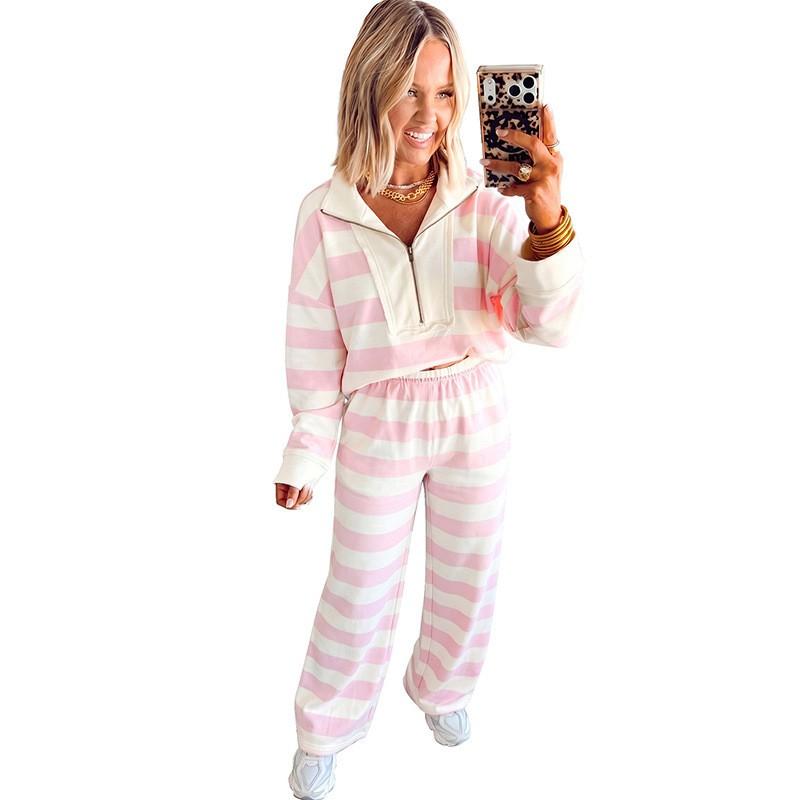 Женский повседневный комплект из двух предметов свободного кроя, полосатый, с цветовыми блоками, для отдыха, с длинным рукавом, прямые брюки