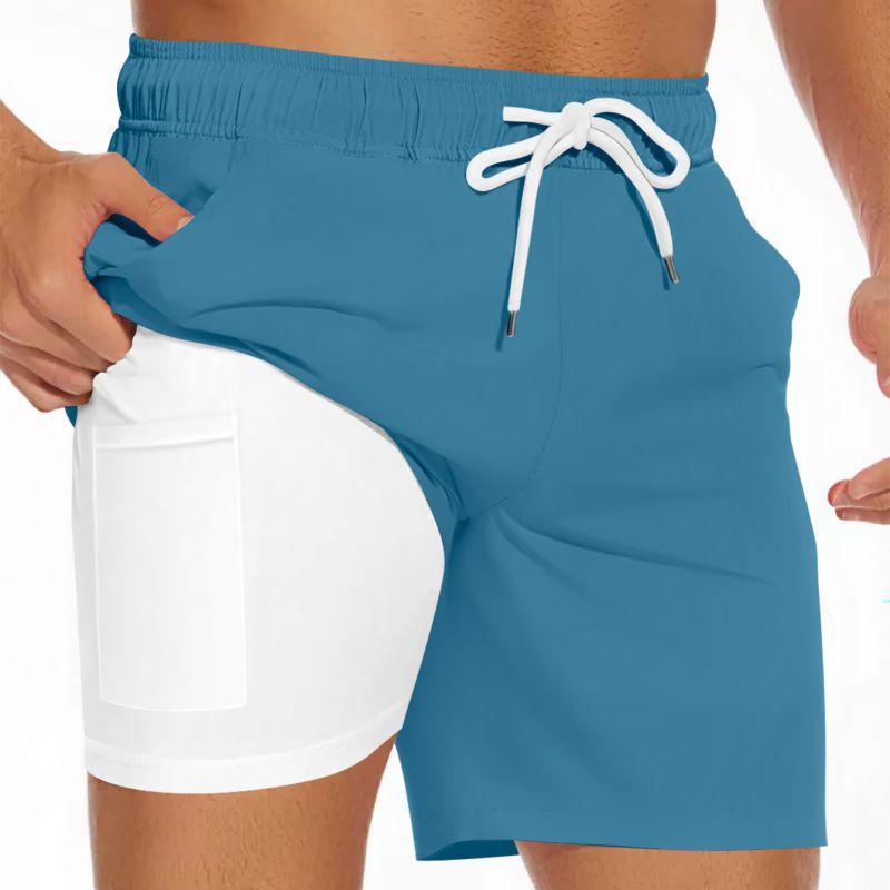 Men's Summer Double-layered Shorts Drawstring Swim Trunks Beach Printed Swim Pants with Pocket