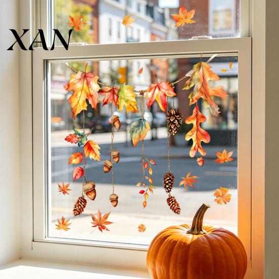 Easy Install Window Decals Autumn Maple Leaf Pinecone Scarecrow Pumpkin Static Clings, Waterproof PVC Decorative Glass Film for Home Stickers,