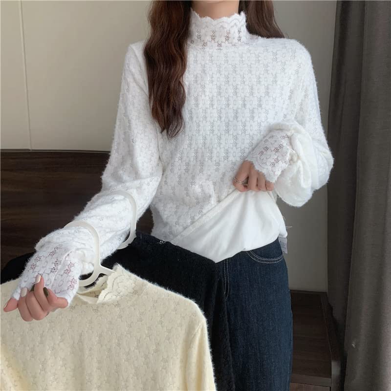 Gincci Блузка женская прозрачная кружевная с длинным рукавом, многослойная, с высоким воротом, тянущаяся, вид, сексуальная, (Тип - Черный)