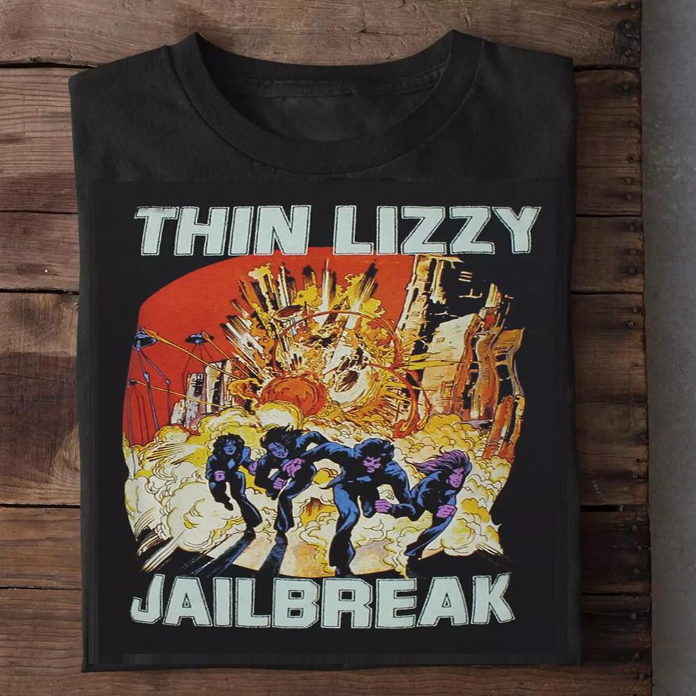 Тонкий Лиззи Jailbreak Взрыв Черная Хлопковая Футболка Полный Размер S-5XL Унисекс Футболка