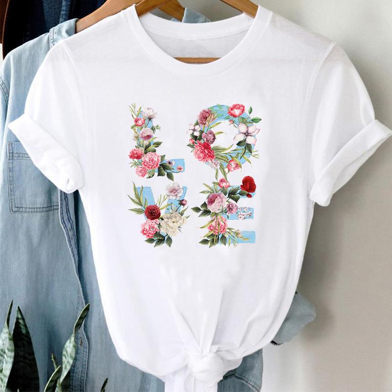 (Asian Size) Tee Top Women Love Letter Flower Trend Cute Print Lady Clothing Casual Short Sleeve Fashion Tshirt Female Graphic T-shirt