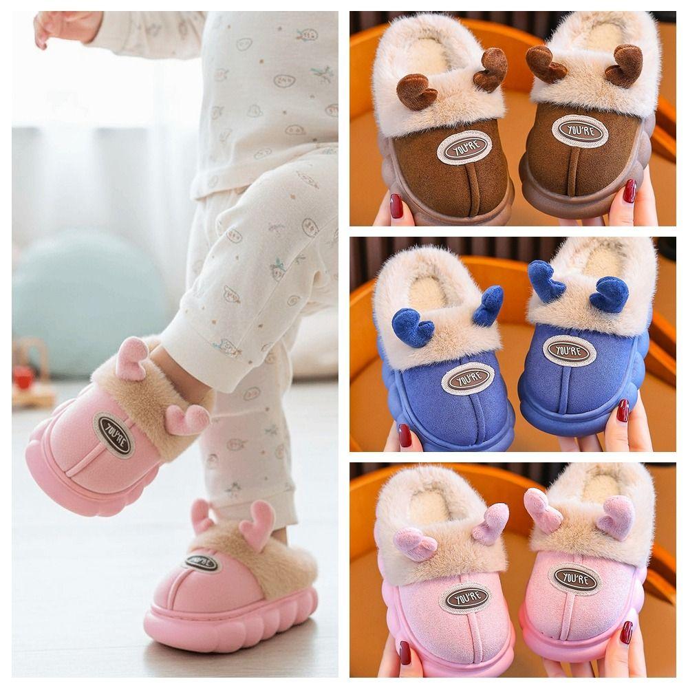 Thick Fleece Kids Winter Slippers Anti Slip Toddler Cotton Shoes Cartoon Plush Mules Bedroom Wear