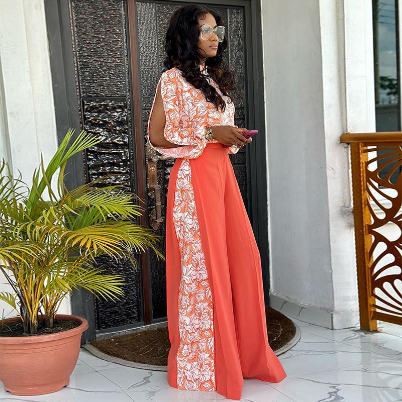 Women's Fashion Casual Flower Pattern Print Long Sleeve Half Turtleneck Trousers Pants Suits