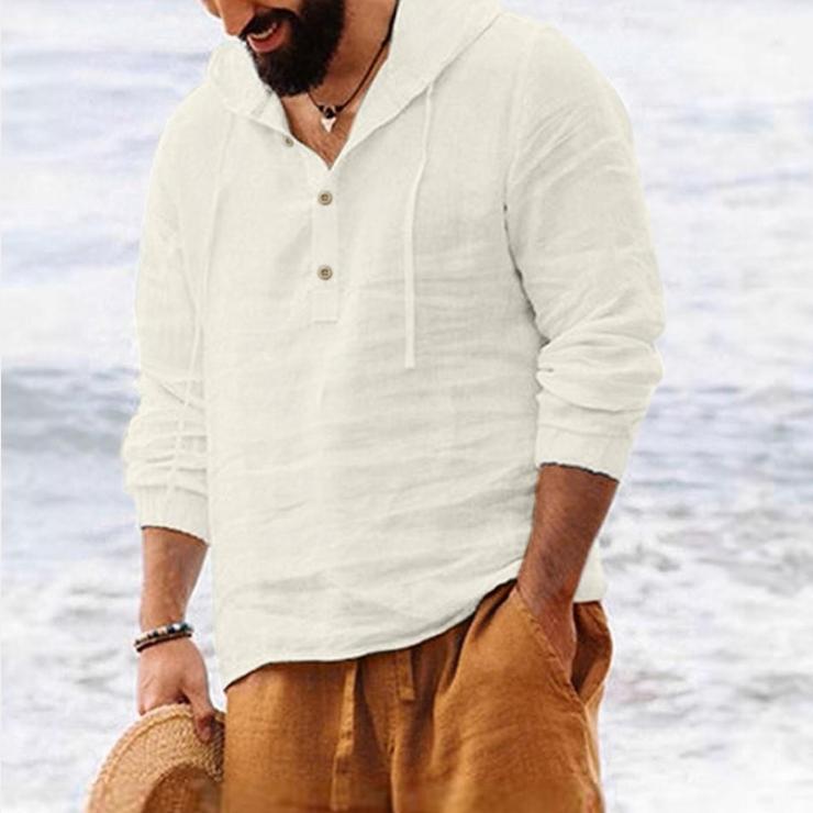 Мужские рубашки с капюшоном, однотонные топы с длинными рукавами, повседневные пуговицы, хлопок и лен, винтажные летние пляжные рубашки