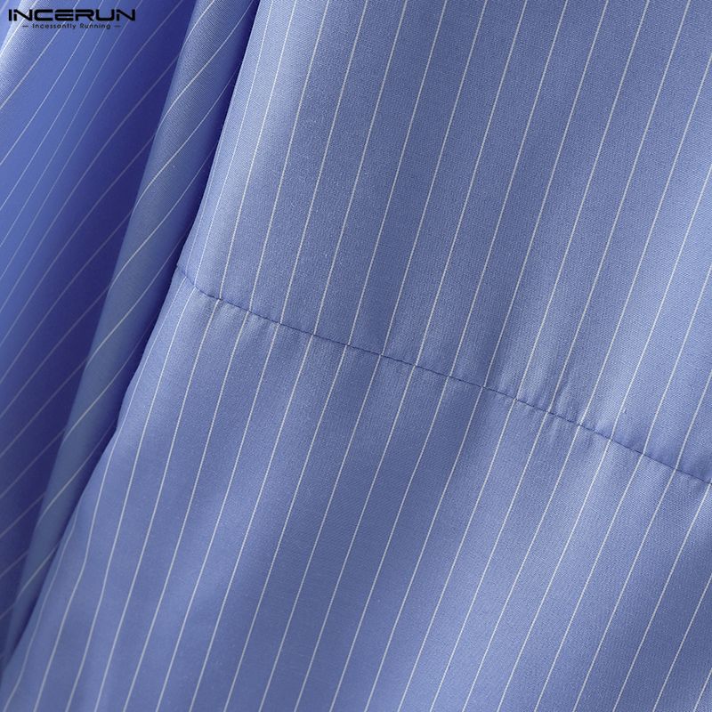 INCERUN Мужские рубашки оверсайз со стойкой, рукавами-буфами, полосатым принтом, пуговицами, высокими разрезами