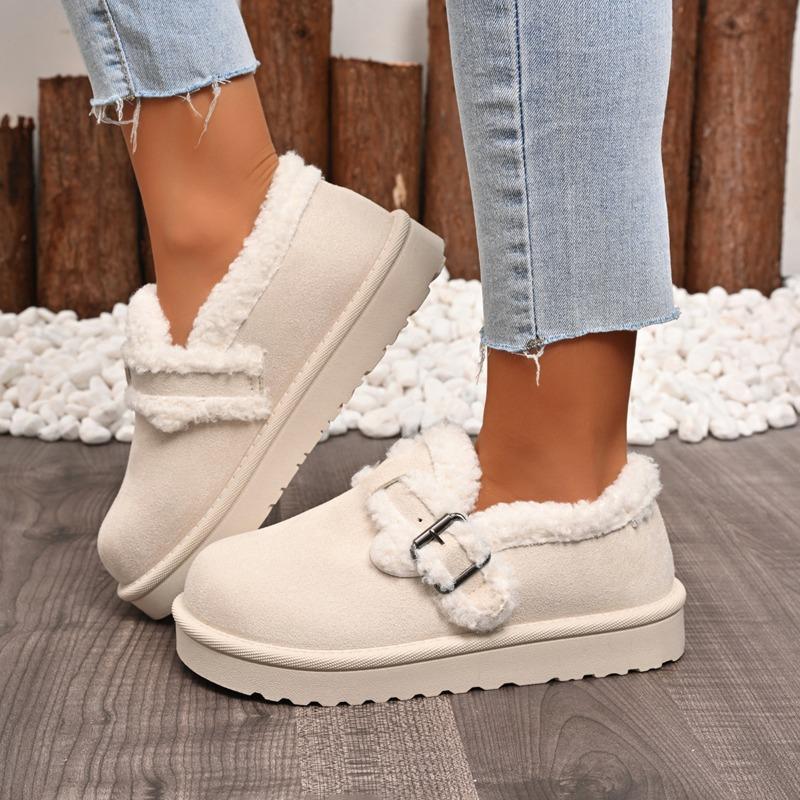 Fashion Metal Buckle Round Toe Deep Mouth Suede Wool Platform Anti-Slip Wear-Resistant Flat Snow Boots