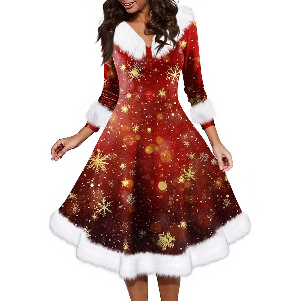 Женское модное повседневное платье с v-образным вырезом и рождественским принтом для вечеринки с длинными рукавами