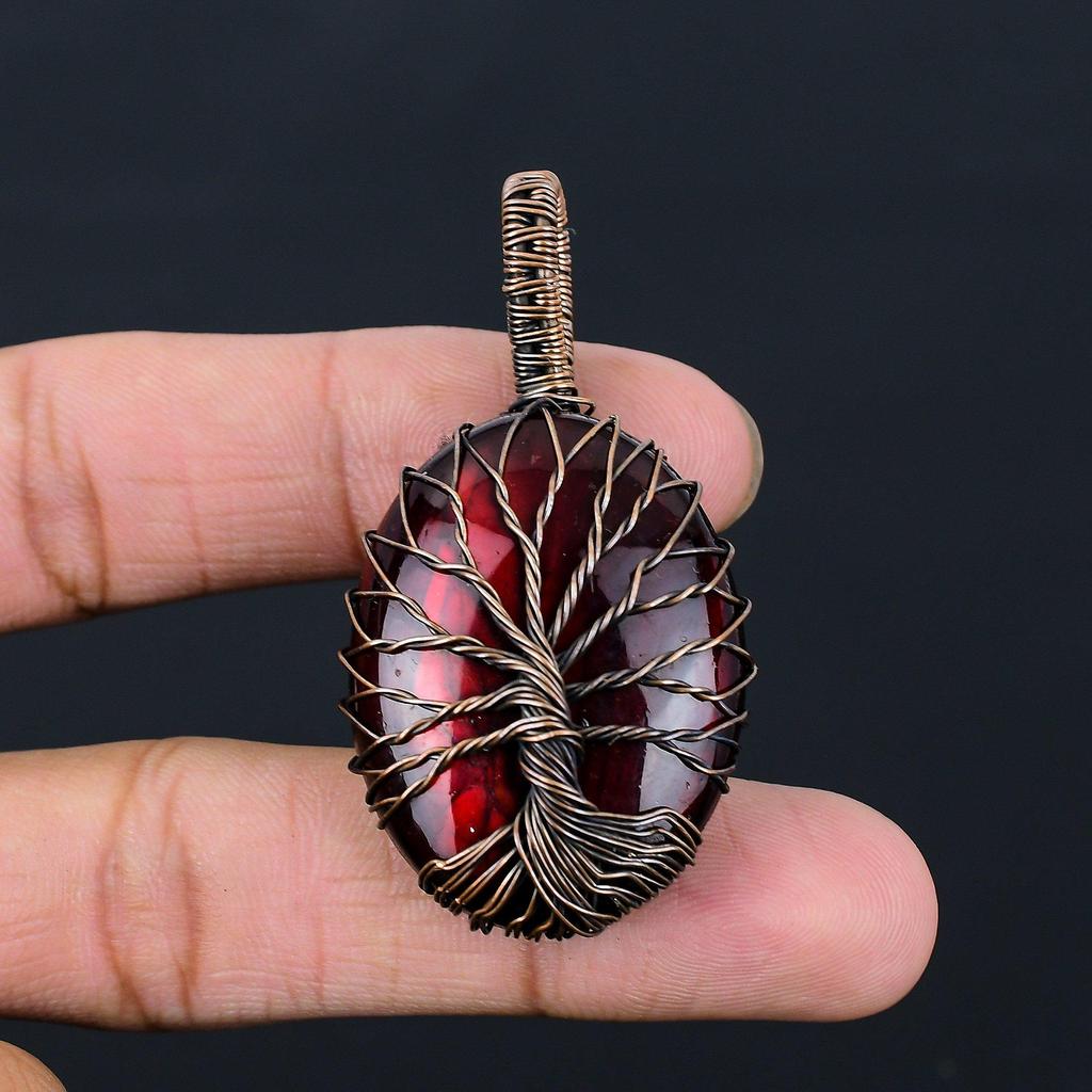 Tree Of Life Red Flash Labradorite Gemstone Pure Copper Wire Wrapped Handmade Pendant Jewelry
