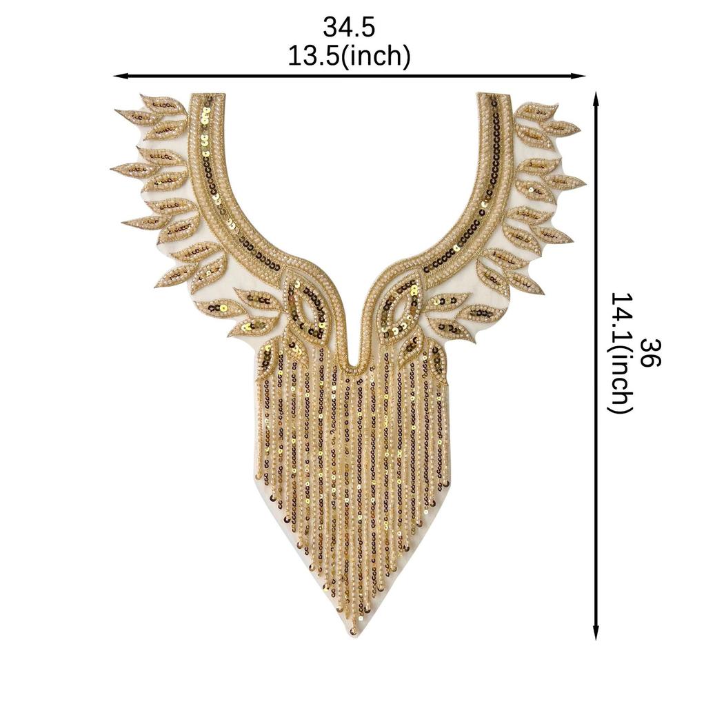 Тяжелая промышленность Золотой V-образный вырез Ручная работа Бисероплетение Кисточки Пайетки Передняя часть Шея Одежда Вечернее платье Декоративные тканевые наклейки Аксессуары