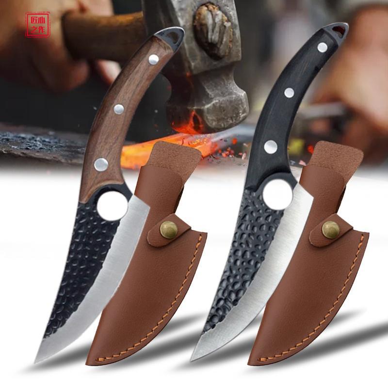 Stainless Steel Large Boning Knife Curved Wooden Non-Slip Handle Slicing Cutting Tool Home Outdoor Practical Cutlery