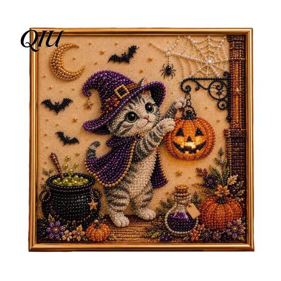 Handmade Home Decoration Supplies Ghost Faux Pearl Art DIY Kit with Frame, Halloween Cat Painting Bead Mosaic Kits for Relaxation Kit, 3D