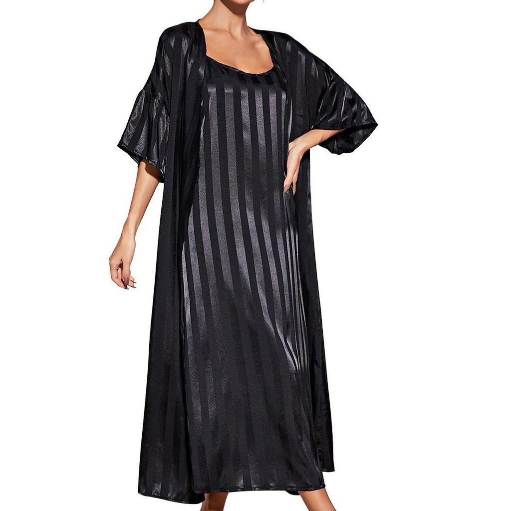 Women’s Nightgown Slip Night Dress 2 Pieces Set Satin Stripe Pajamas Dressing Gown Robe Sleepwear Home Wear Spring Autumn Sleep Lounge Clothes