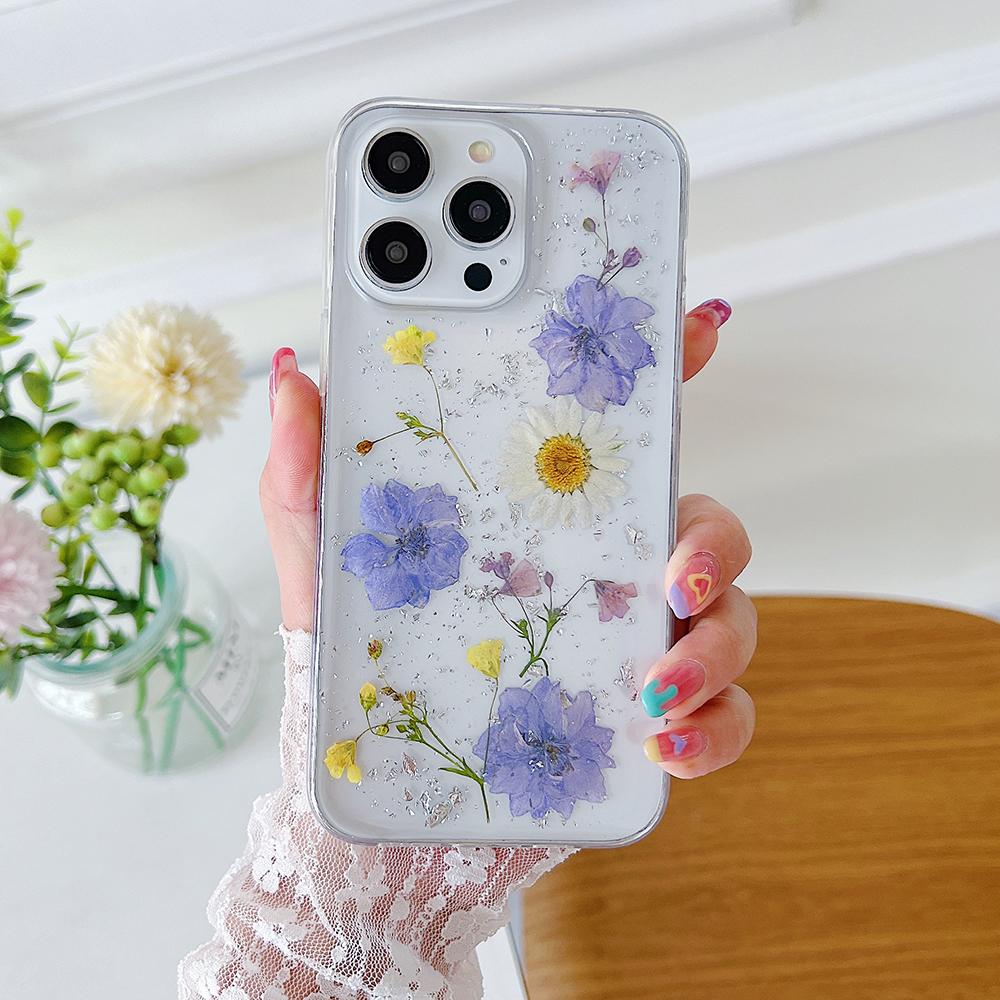 Чехлы для телефона с сушеными цветами и серебряной фольгой для iPhone 17 16 15 14 13 12 11 Pro Max XS Max XR X 7 8 Plus Мягкий силиконовый чехол
