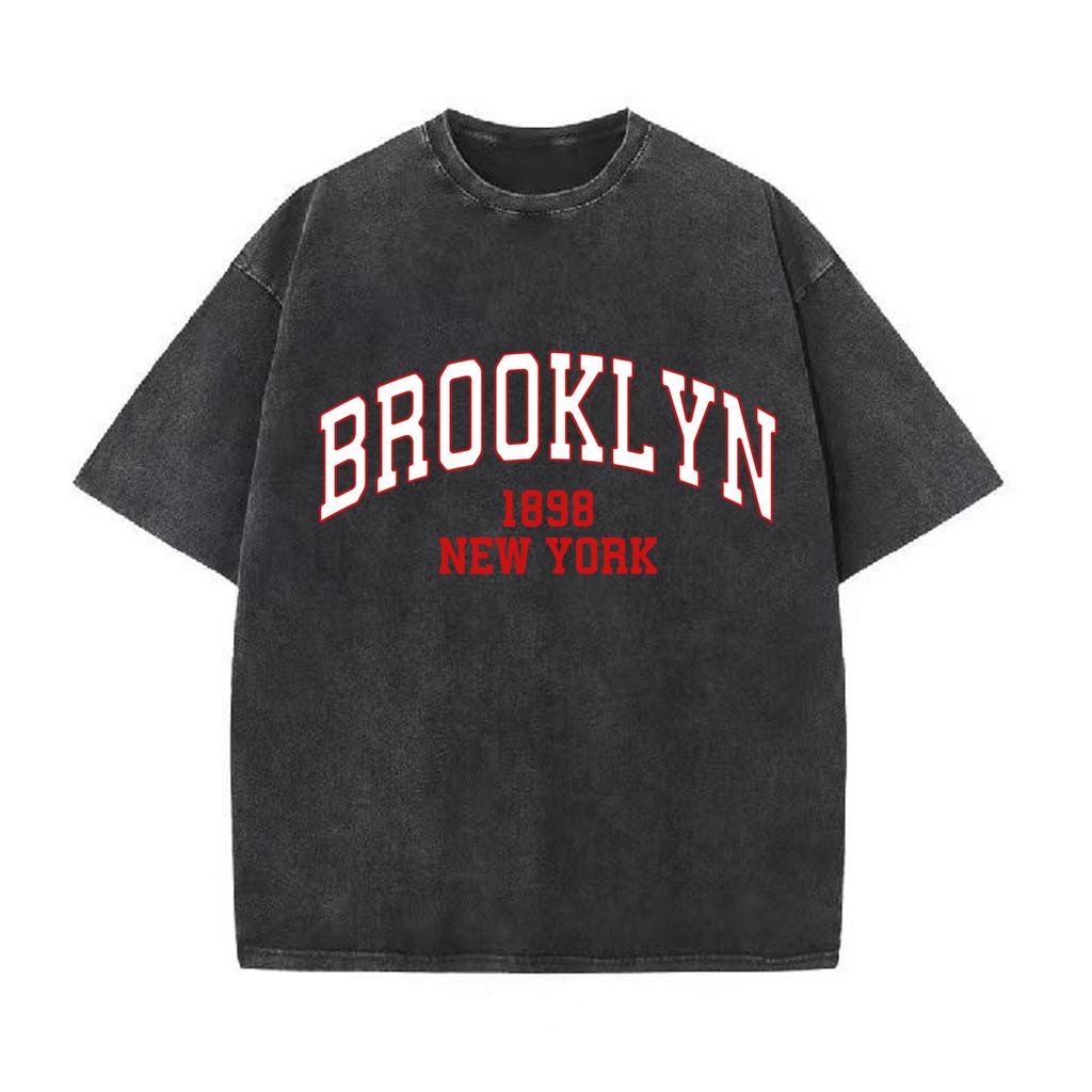 Retro Washed Vintage Brooklyn 1898 T-Shirt High Quality T-Shirts Summer Oversized Short Sleeve Clothes Cotton Loose Street Tops