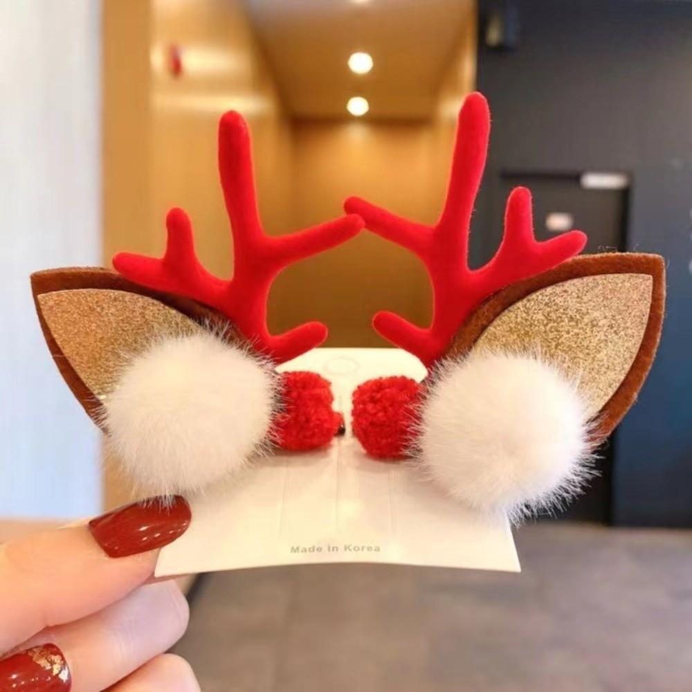 1 Pair Glitter Antler Hair Clips Pom-pom Decor Deer Ear Headbands For Woman Girls