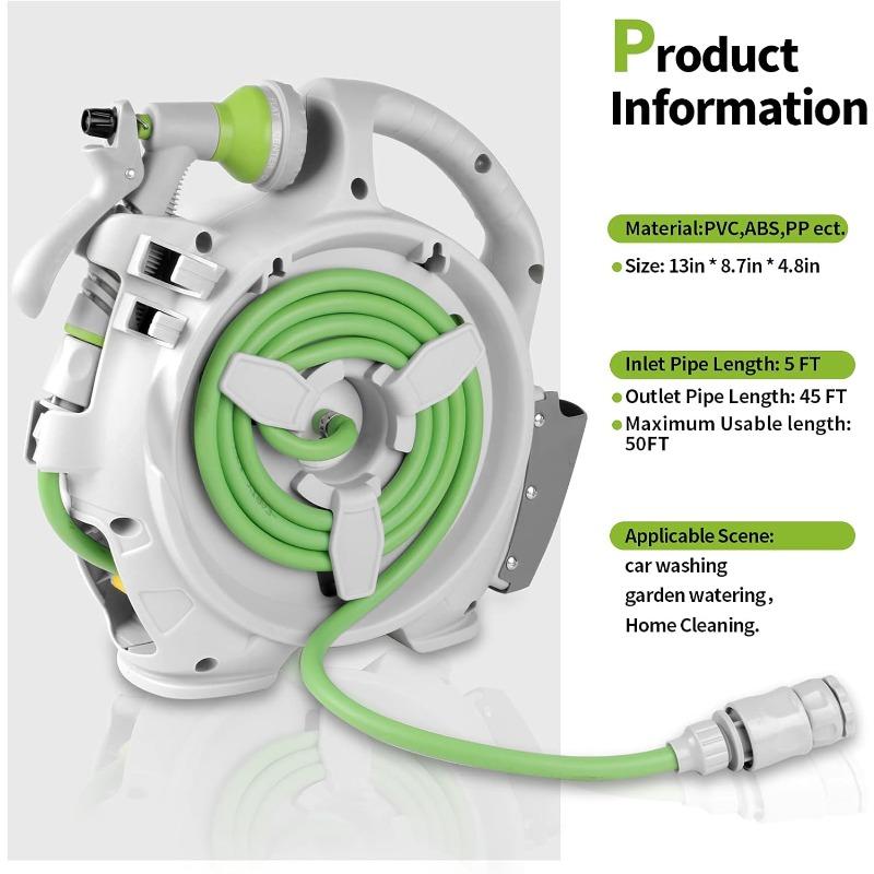 46FT Профессиональная садовая катушка для шланга, 7-режимная насадка, регулируемое настенное крепление, точная фиксация длины, водосберегающая конструкция для очистки газона и грядок