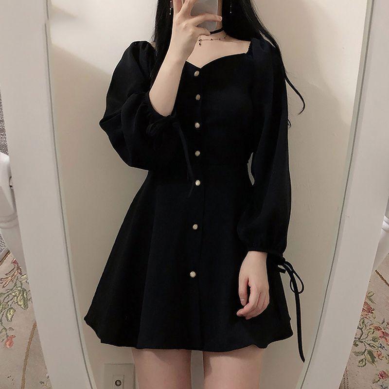 Spring and Autumn new fat mm Hepburn style small dress large size royal sister style single-breasted waist and thin small black dress