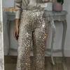 Women Sequins Long Pants High Waist Slim Fit Shining Trousers Solid Color Elastic Flared Pants Streetwear