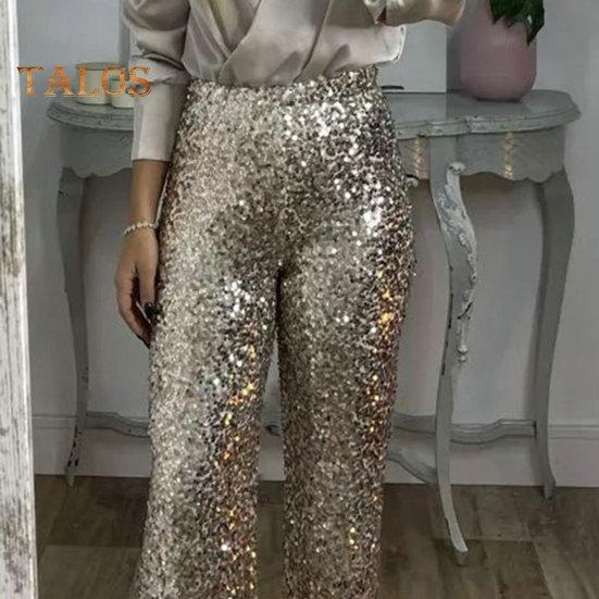 Women Sequins Long Pants High Waist Slim Fit Shining Trousers Solid Color Elastic Flared Pants Streetwear